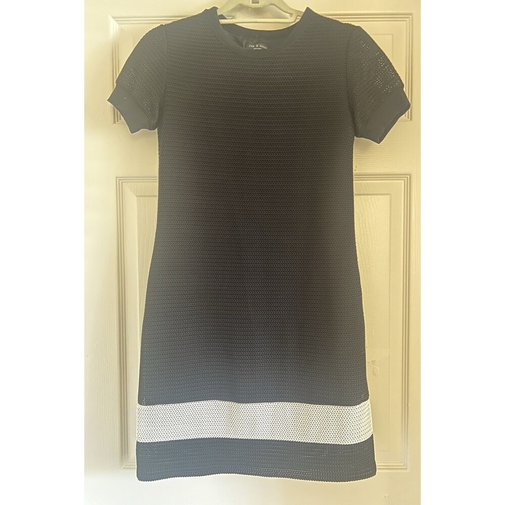 Rag & Bone Valerie Mesh Mini Dress Black White Stripe Short Sleeve Shift Size 0